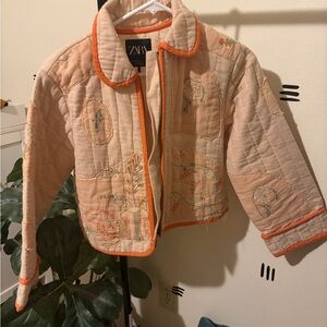 Zara Kids Light Pink Quilted Jacket with Orange Accents